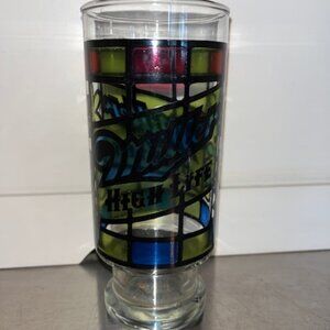 Vintage 1970's Anchor Hocking Stained Glass Miller High Life glass 6.5" tall